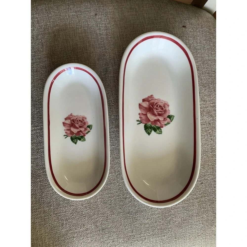 Syracuse China Wild Rose Restaurant Ware Oval Celery Relish Dish Set 2pc Pink